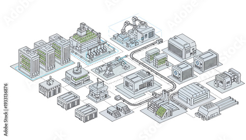 Isometric illustration of an industrial complex with various buildings and machinery.