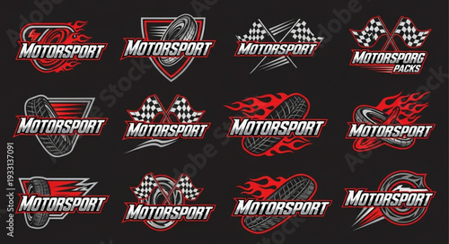 Motorsport logo collection with racing flags and vehicle elements in red color.