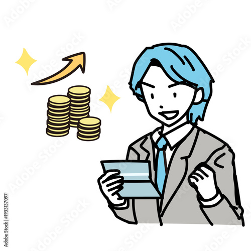 給料日に通帳を見て預金残高アップに喜ぶ男性