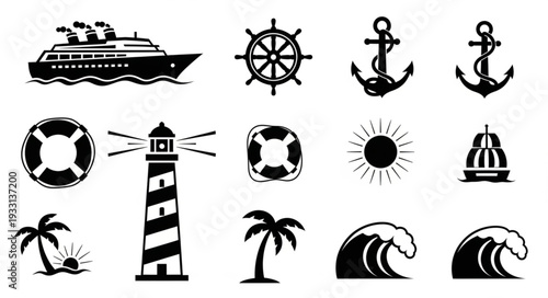 Collection of nautical themed illustrations featuring ships, anchors, and waves.