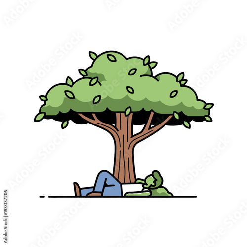Person relaxing under a large green tree, enjoying shade on a sunny day.