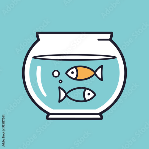 Two cartoon fish swimming in a round fishbowl with bubbles, isolated on a blue background.