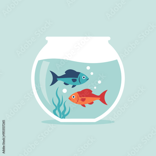 Two colorful fish swimming in a clear fishbowl with aquatic plants and bubbles