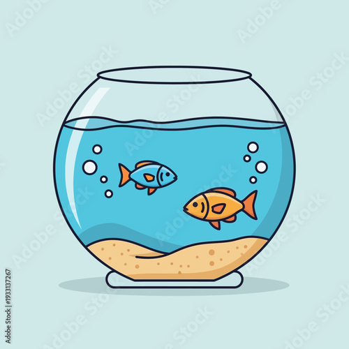 Two colorful fish swimming in a clear glass fishbowl with sand and bubbles