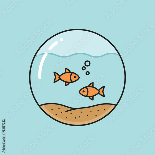 Two Orange Goldfish Swimming in a Round Fishbowl with Bubbles
