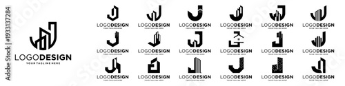 Set of initial letter J logo design with real estate, building, property logo concept