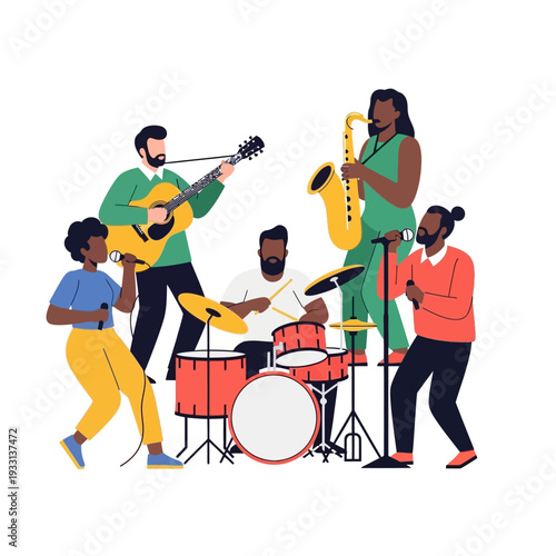 Diverse band performing live music with guitar, drums, saxophone, and vocals