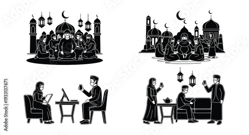 Ramadan gatherings and celebrations depicted in black and white illustrations