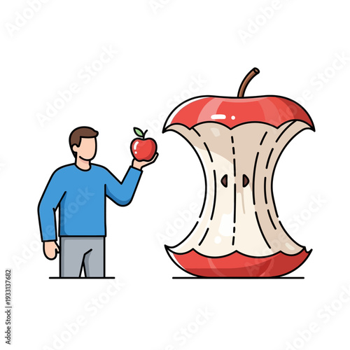 Man holding small apple next to giant apple core, healthy eating concept