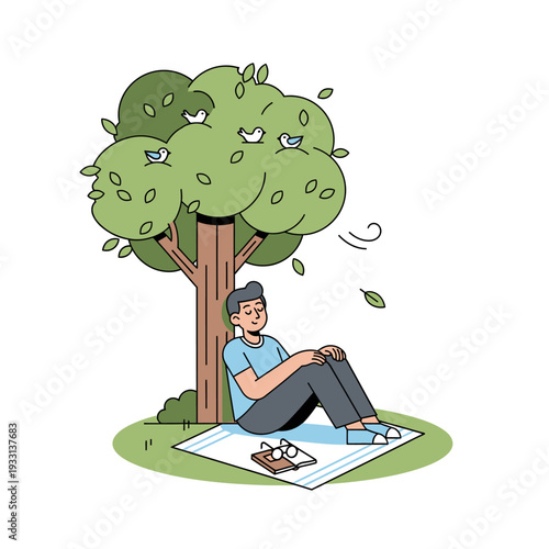 Man relaxing under a tree, reading a book, enjoying nature and peace
