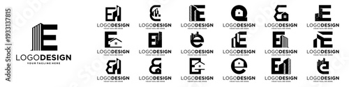 Set of initial letter E logo design with real estate, building, property logo concept