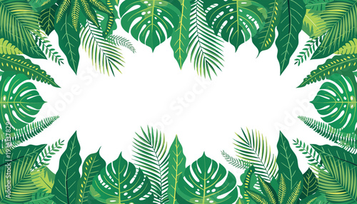 A serene illustration of lush greenery with tropical leaves and foliage in a circular pattern, viewed from directly above, showcasing nature's design.