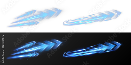 Blue glowing arrow speed light effect with neon motion trails, futuristic dynamic direction symbols isolated on black background.
