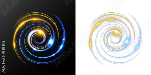 Blue and golden glowing spiral light vortex with sparkling particles, abstract circular energy swirl isolated on black background.
