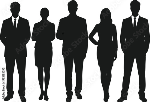 Web Business people silhouettes, corporate attire, professional posture, teamwork concept, office culture, career theme, vector illustration, black silhouette, isolated, organization