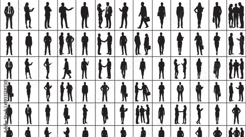Business people silhouettes in meetings and handshakes, corporate professionals vector illustration collection set