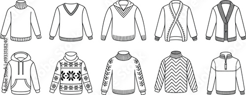 Knitted sweater and hoodie icon set with cardigan pullover winter jumper line art vector illustration collection