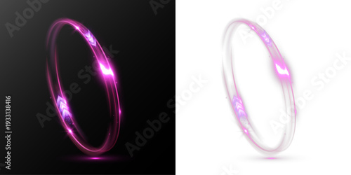 Pink glowing vertical speed ring with dynamic light trail and sparkling particles, abstract luminous energy loop isolated on black background.
