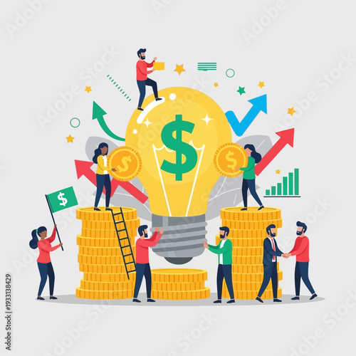 Business people collaborate around giant light bulb, coins, and growth charts, symbolizing startup success and investment.