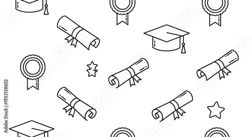 Seamless Outline Pattern of Graduation Caps, Diplomas, and Award Ribbons on Isolated White Background