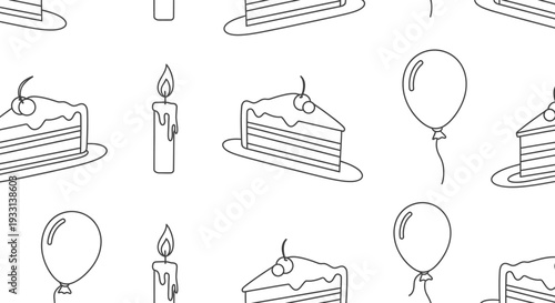 Seamless Outline Pattern of Cake Slices, Birthday Candles, and Balloons on Isolated White Background