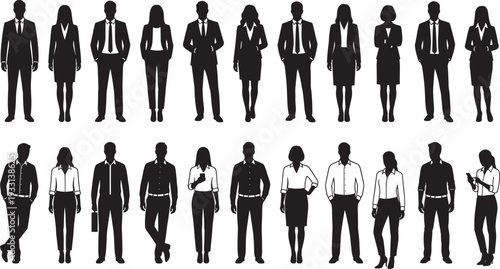 Corporate business men and women silhouettes in formal attire, professional vector illustration set