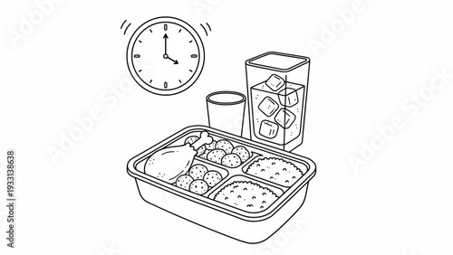 Meal preparation scene with food, clock, and drink container viewed from above in a minimalist environment