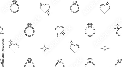 Seamless Outline Pattern of Hearts, Engagement Rings, and Stars on Isolated White Background