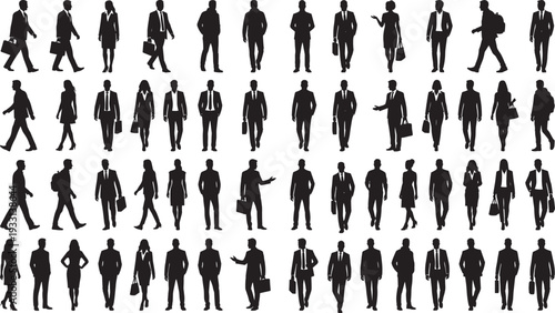 Business people walking with briefcases in formal office wear, corporate silhouettes vector collection