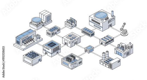 Isometric illustration of industrial facilities and equipment.
