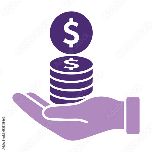 Hand holding stacked coins with dollar symbol illustration in purple