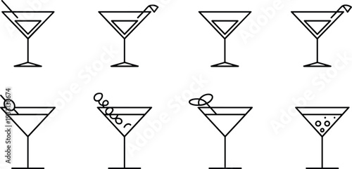 Martini cocktail glass line icon set with olive, lemon twist and garnish variations, outline vector drink illustration collection