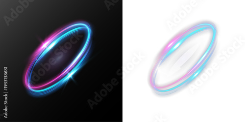 Colorful glowing neon ring with dynamic circular speed light trail, futuristic luminous halo isolated on black background.
