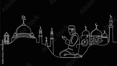 Man Praying in Front of Mosque Silhouette Continuous Line Art Illustration