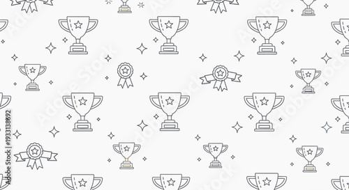 Seamless Pattern of Outline Trophy Cups, Stars, and Ribbons on Isolated White Background