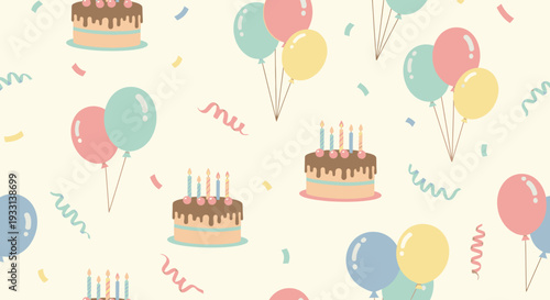 Sweet Birthday Cakes Balloons and Confetti Seamless Pattern on Cream Background, Festive Party Decoration