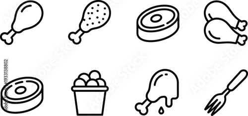 Meat and poultry line icon set with chicken drumstick, steak cut, eggs bucket and fork, outline vector food illustration