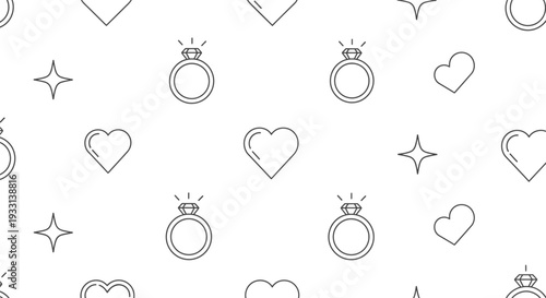 Outline Seamless Pattern of Hearts Engagement Rings and Sparkles on Isolated White Background, Romantic Wedding Theme