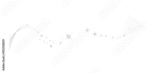 Abstract white flowing wave lines with sparkling particles, elegant luminous ribbon isolated on black background.

