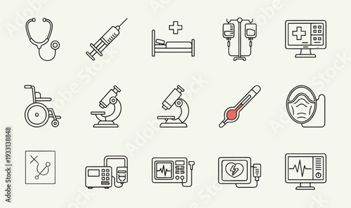 Premium Medical Equipment Diagnostic Icon Pack - 15 Professional Line Art Graphics for Hospital Care, Clinical Tools  Healthcare UI Assets