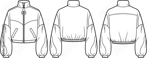 Three views of a gray jacket with a zipper and elasticated cuffs and hem elasticated hem