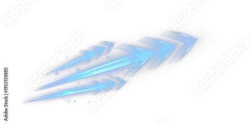 Blue glowing arrow speed effect with dynamic motion light trails, futuristic fast direction symbol isolated on black background.
