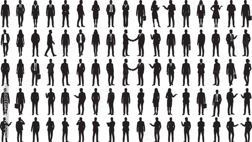 Corporate business people silhouettes in meetings and walking poses, professional vector illustration collection