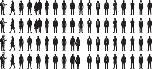 Corporate business people silhouettes standing in formal attire, professional vector illustration collection