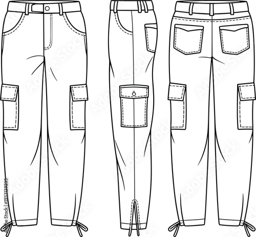 Three Different Styles of Black and White Pants with Pockets and Straps at the Ankles