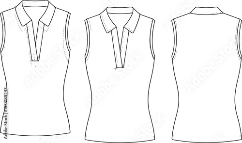 Three views of a sleeveless blouse with a v-neck and collar in a simple line front view