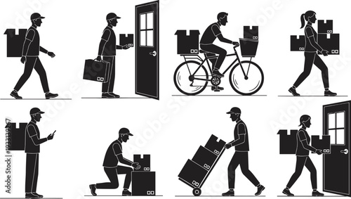 Delivery service courier silhouettes set, package shipping logistics workers collection isolated vector illustration bundle