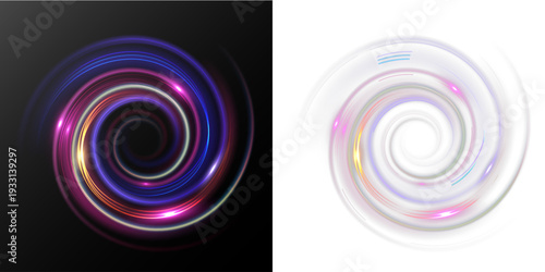 Colorful glowing spiral ring with dynamic circular speed light trails, abstract energy vortex isolated on dark background.
