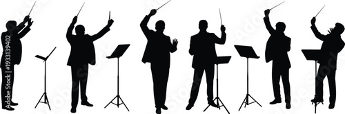 Orchestra Conductor Silhouette Set, Music Director Leading Symphony Performance Isolated Black Flat Vector Illustration Collection