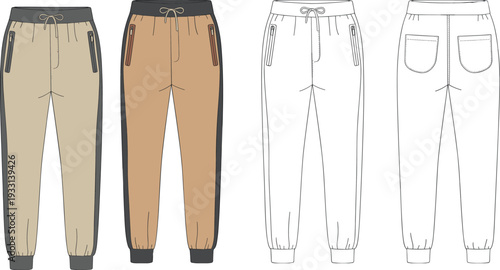 Four pairs of pants with different colors and styles including beige and white with black accents and drawstrings